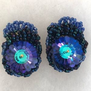 Vintage blue rhinestone and seed bead clip on earrings